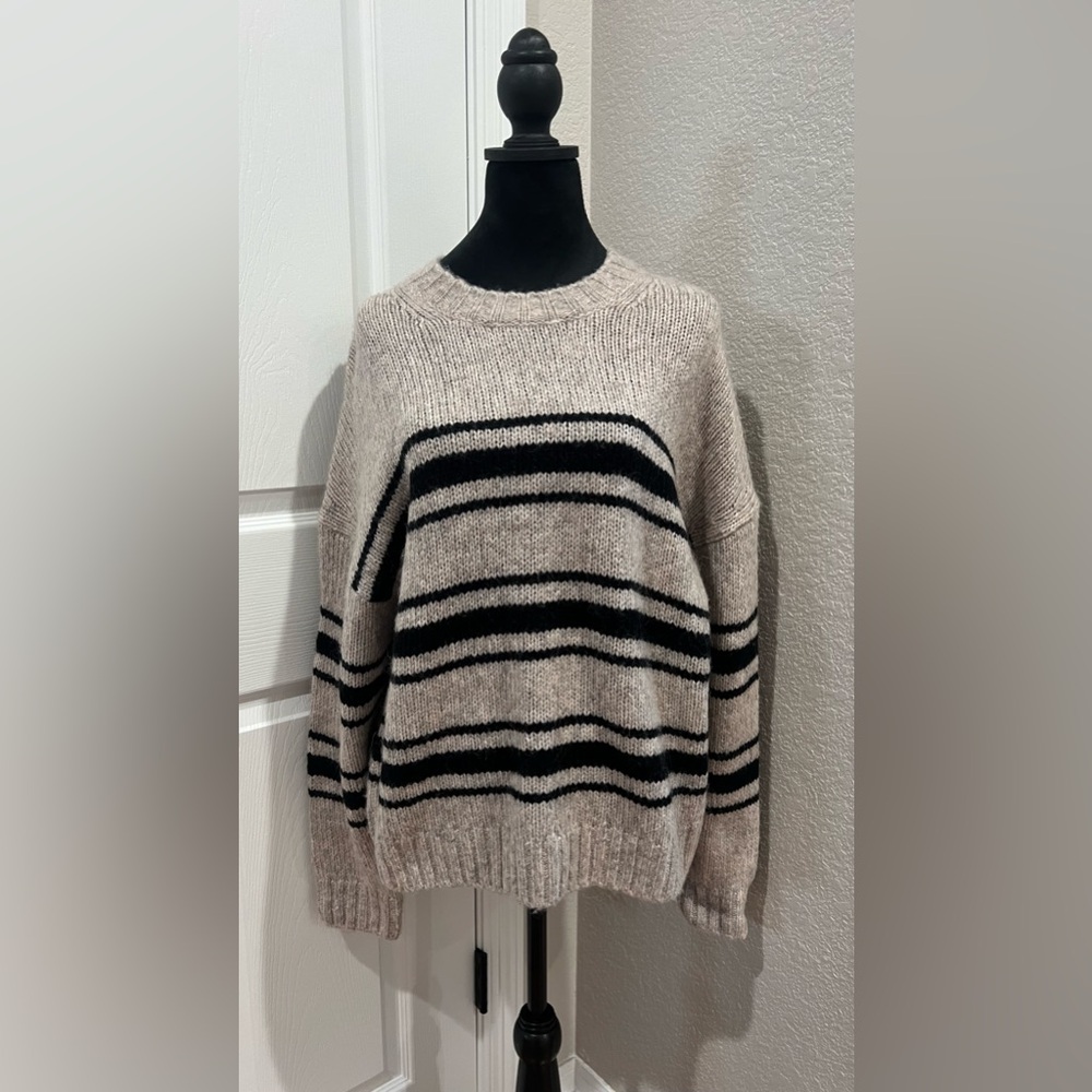 Ba&sh Bosco Striped Wool Mohair Blend Sweater Greige Sz Large Crewneck Pullover